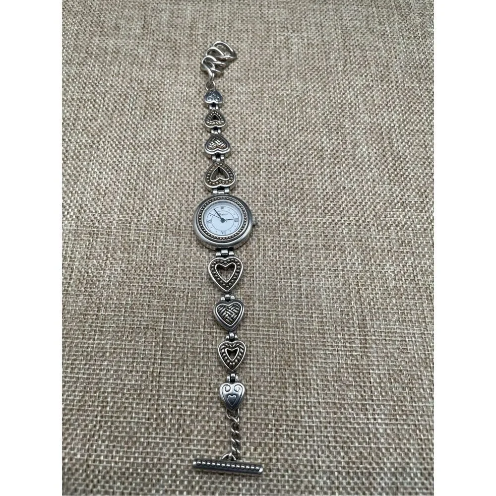 Brighton Vintage Silver Heart Charm Bracelet Watch Adjustable Toggle Working